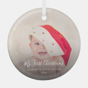 Modern Baby First Christmas 1 Photo Personalized Glass Ornament