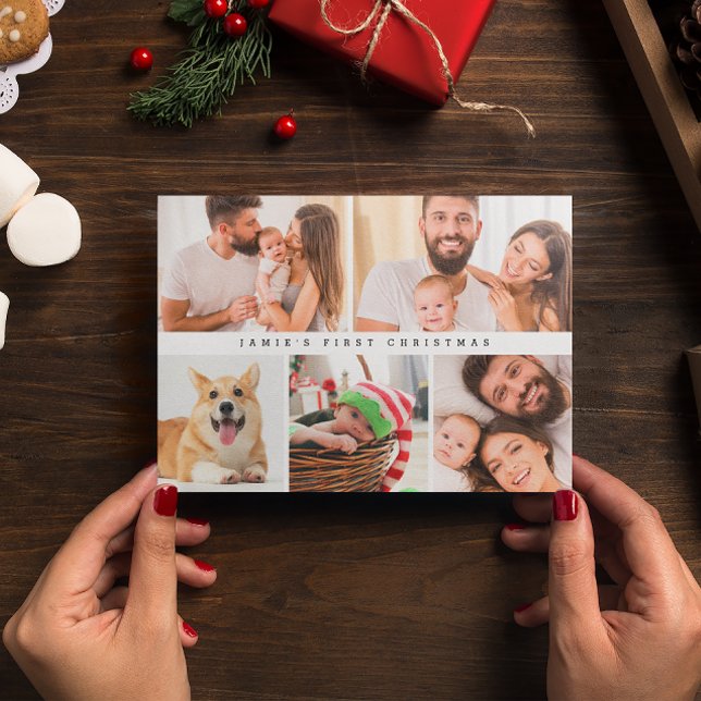 Modern Baby First Christmas Custom Photo collage Holiday Card (Custom Photo Grid baby's first Christmas card.)
