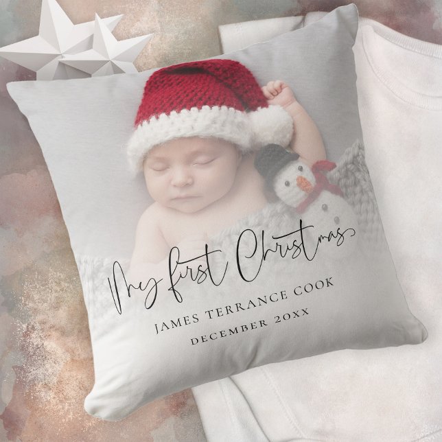 Modern Baby First Christmas Photo Overlay  Throw Pillow (Same design is on both sides)