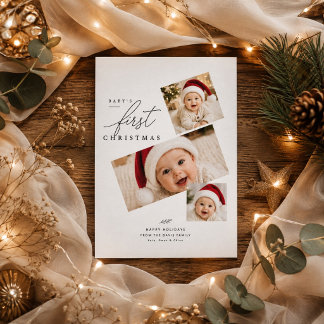 Modern Baby First Christmas Three Photo Holiday Card