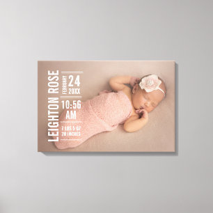 Modern Baby Girl Photo Birth Stats Canvas Print