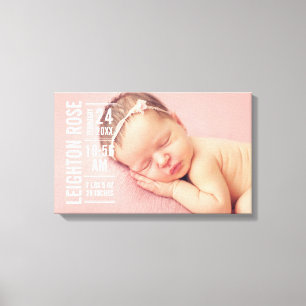 Modern Baby Girl Photo Birth Stats Canvas Print