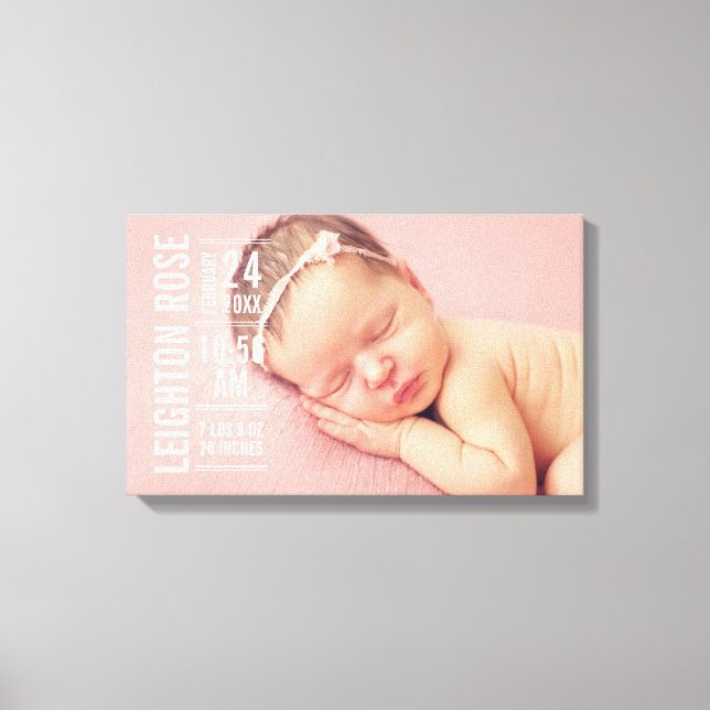 Modern Baby Girl Photo Birth Stats Keepsake Canvas Print (Front)
