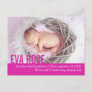 Modern baby girl pink photo announcement postcard
