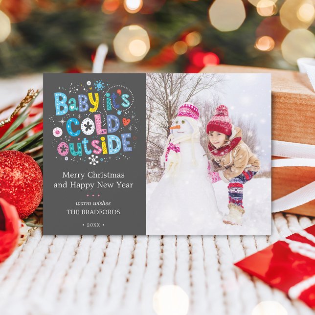 Modern Baby Its Cold Outside Photo Charcoal Grey Holiday Card (Modern Baby Its Cold Outside Photo Charcoal Gray Holiday Card)