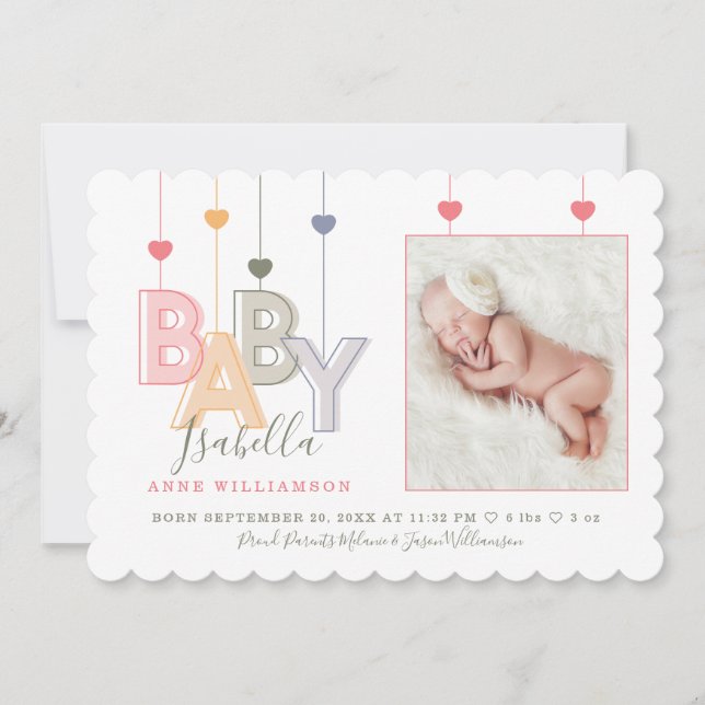 Modern Baby Letters Newborn Baby Girl Photo Announcement (Front)