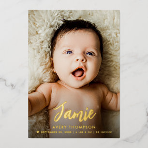 Modern Baby Name Brush script custom photo birth  Foil Holiday Card