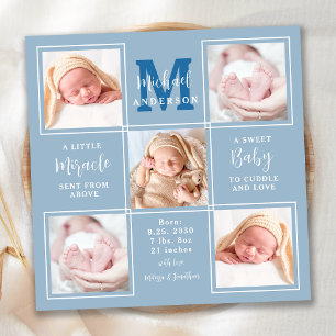 Modern Baby Personalized 5 Photo Blue Birth Announcement