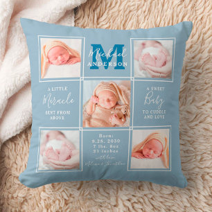Modern Baby Personalized 5 Photo Collage Blue Throw Pillow