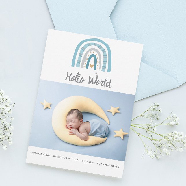 Modern Baby Photo Blue Rainbow Birth Announcement (Creator Uploaded)