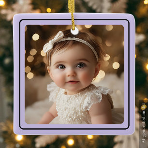 Modern Baby Photo Christmas Purple Script Name Ceramic Ornament