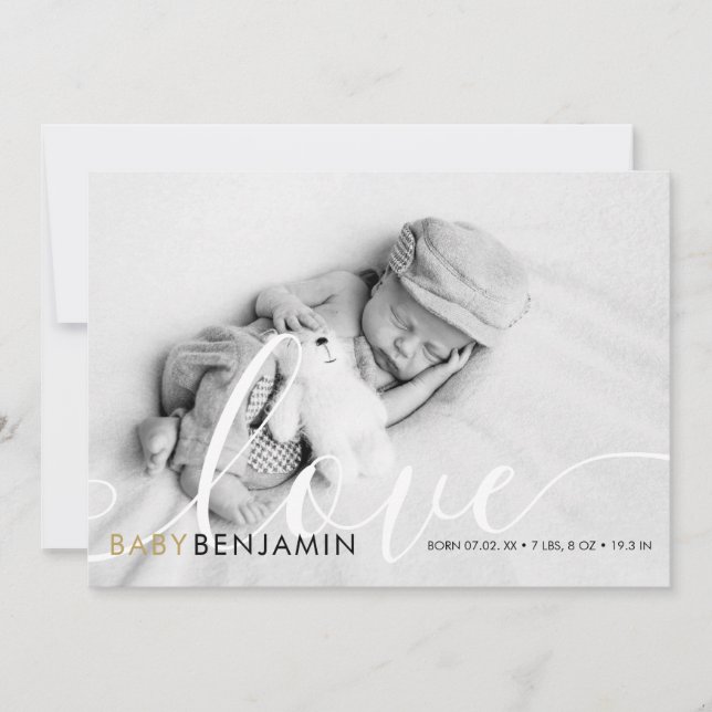 Modern Baby Photo Script Love Gold Hearts Birth Announcement (Front)