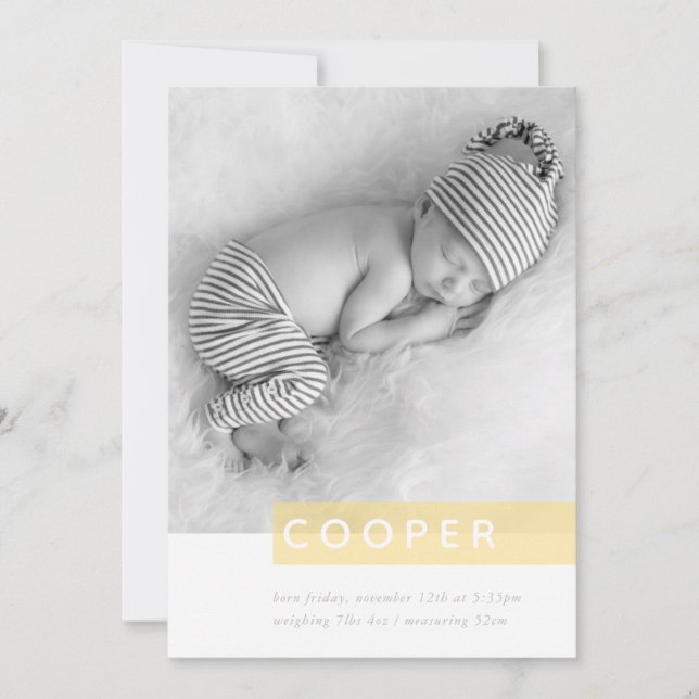 MODERN BABY PHOTO simple boy yellow panel overlay Announcement (Front)