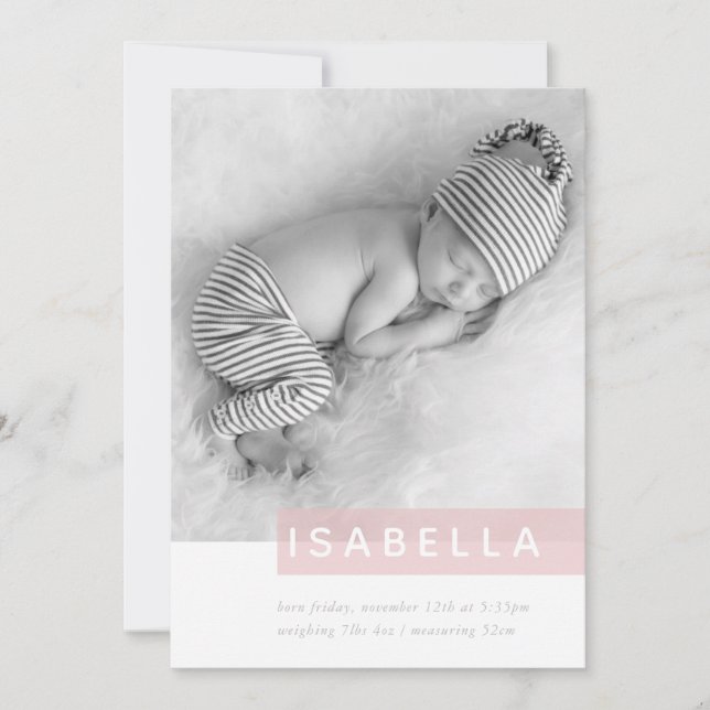 MODERN BABY PHOTO simple girl pink panel overlay Announcement (Front)