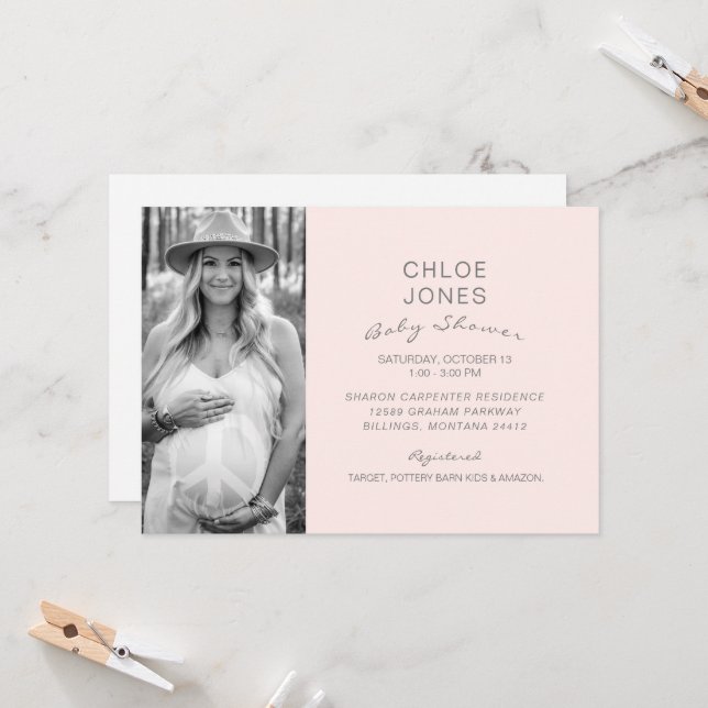 Modern Baby Shower B/W Photo Champagne Pink  Invitation (Front/Back In Situ)