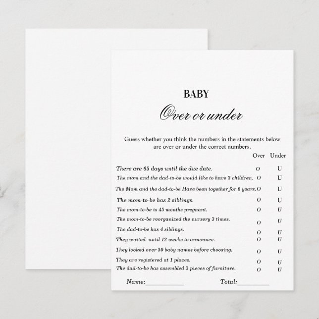 Modern baby shower game over or under game postcard (Front/Back)