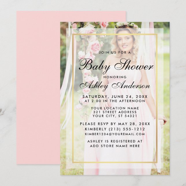 Modern Baby Shower Gold Pink Overlay Photo Invitation (Front/Back)