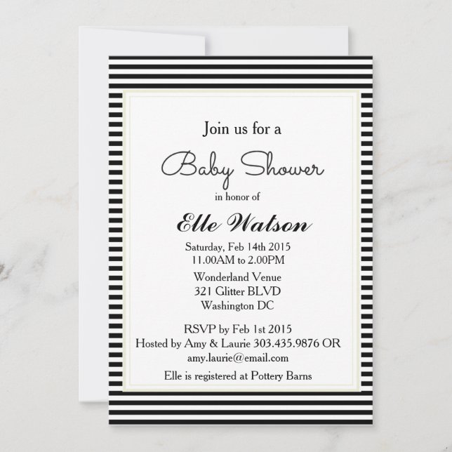 Modern Baby Shower Invitations, Black White Stripe Invitation (Front)