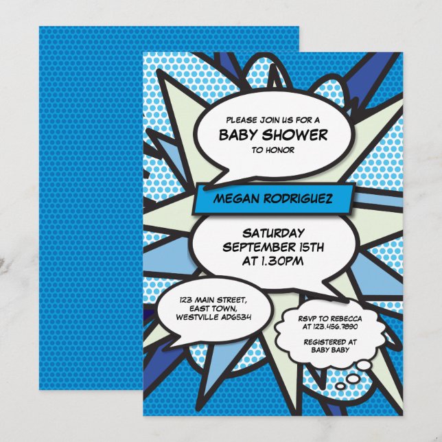 Modern Baby Shower Sprinkle Boy Blue Comic Book Invitation (Front/Back)