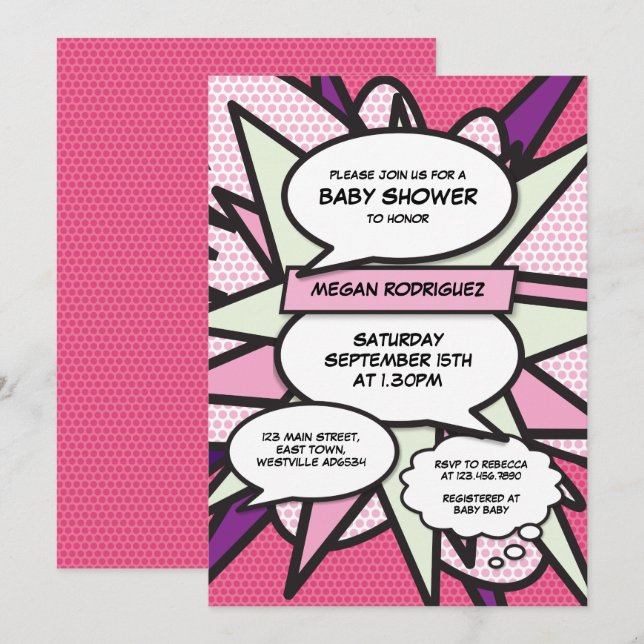 Modern Baby Shower Sprinkle Girl Pink Comic Book Invitation (Front/Back)