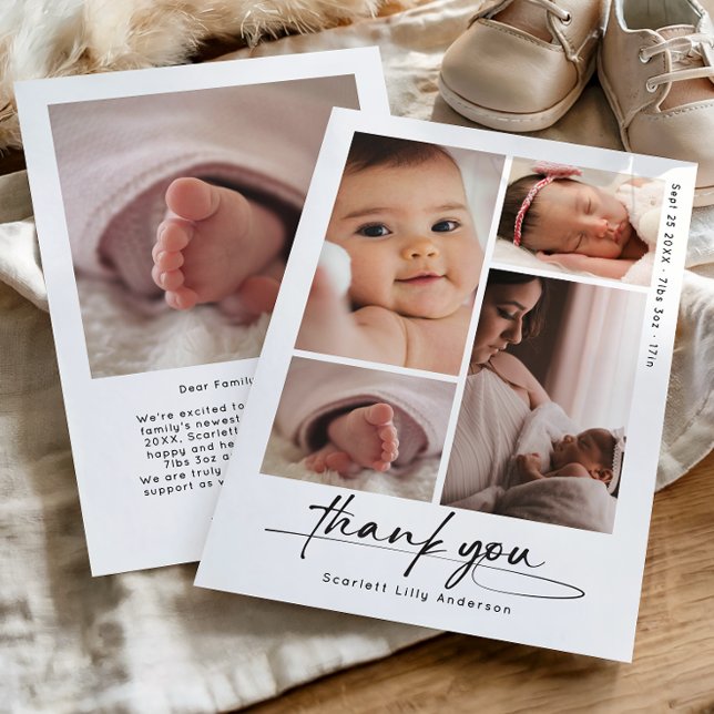 Modern Baby Thank You Simple Script Photo Collage Card (Creator Uploaded)