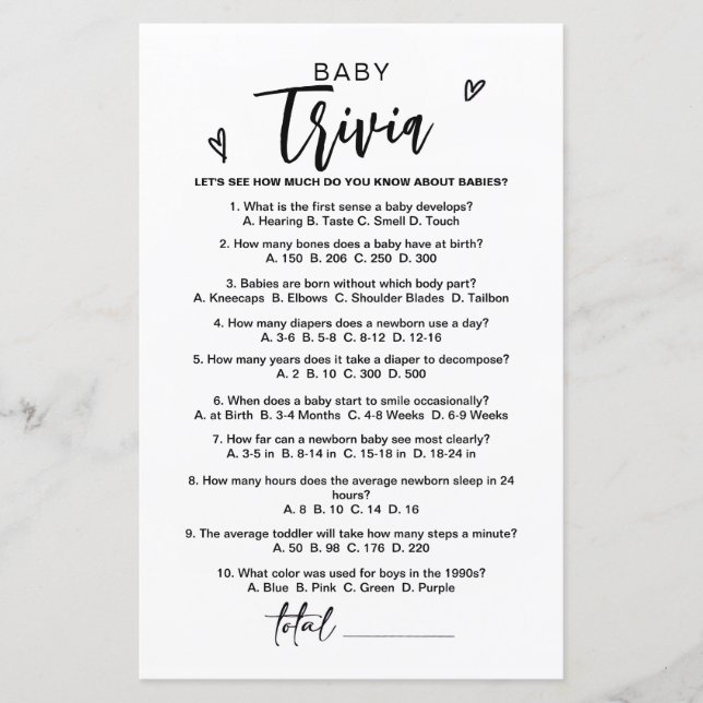 Modern Baby Trivia Game, Baby Shower Games, Baby  (Front)