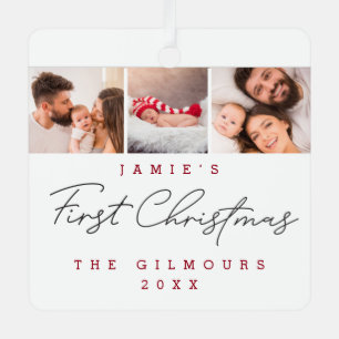 Modern Baby's First Christmas 3 Photos Custom  Metal Ornament