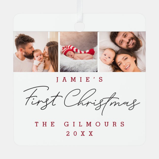 Modern Baby's First Christmas 3 Photos Custom  Metal Ornament (Front)