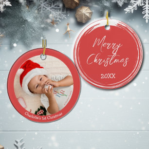 Modern Baby's first Christmas Festive Photo Ceramic Ornament