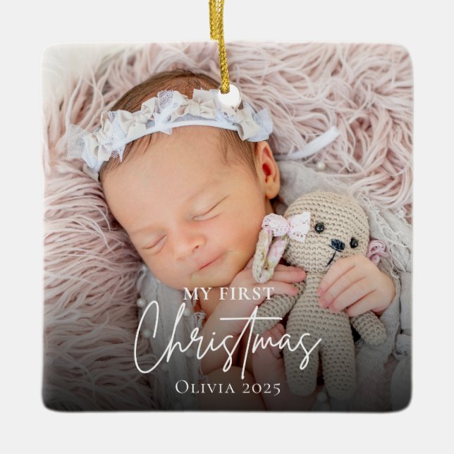 Modern Baby's First Christmas Photo Keepsake  Ceramic Ornament (Front)