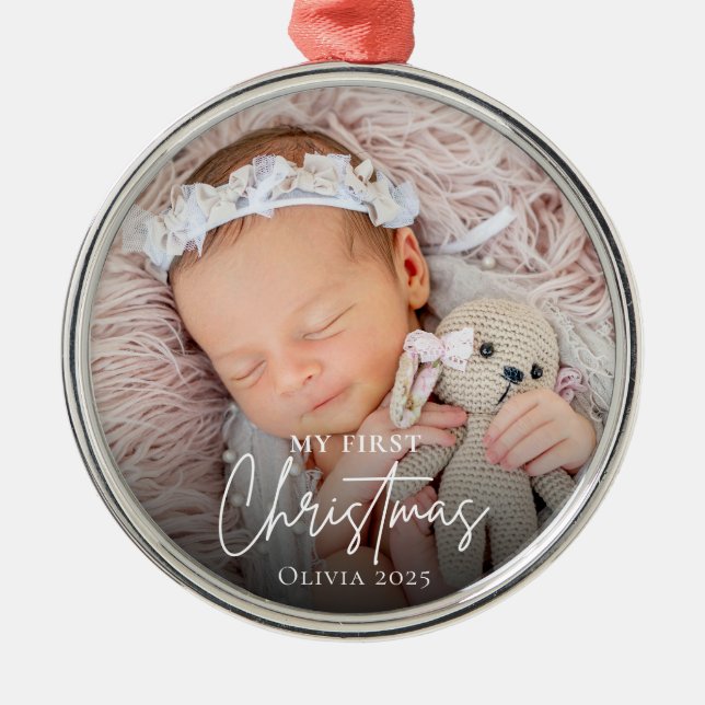 Modern Baby's First Christmas Photo Keepsake  Metal Ornament (Front)