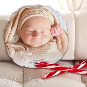 Modern Baby's First Christmas Photo Round Pillow