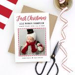 Modern Babys First Christmas Red Stripes Photo Holiday Card<br><div class="desc">This modern holiday photo card doubles as a holiday greeting and birth announcement for your new baby. Features "First Christmas" in red script with the baby's full name and arrival details. Personalize with a newborn photo that is framed by a pattern of diagonal stripes. A coordinating pattern of wide red...</div>