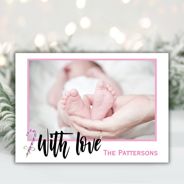 Modern Baby's First Christmas With Love Pink  Holiday Card (Creator Uploaded)