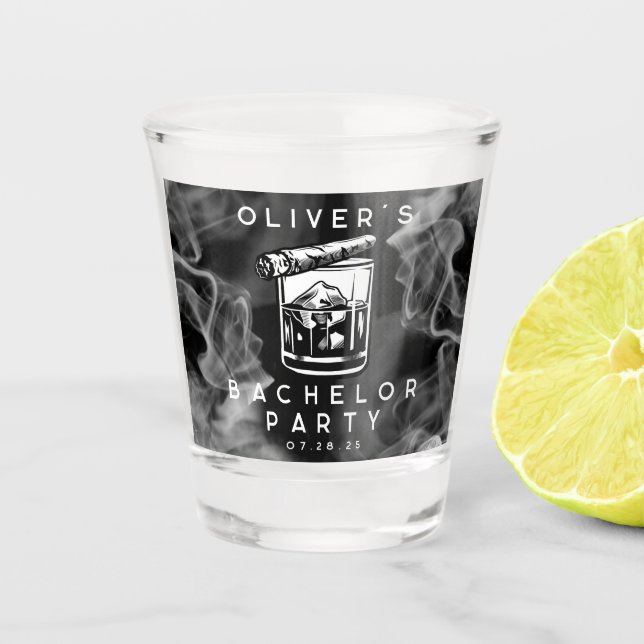 Modern Bachelor Party Cigars and Whiskey Black  Shot Glass (Front)