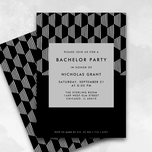 Modern Bachelor Party Minimal Black Silver Invitation (Fully editable.)