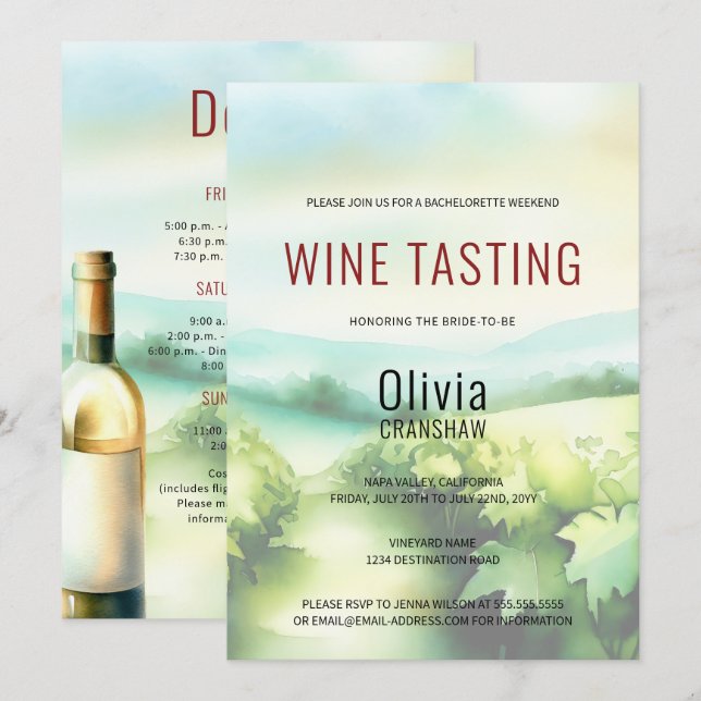 Modern Bachelorette Party Wine Tasting Destination Invitation (Front/Back)