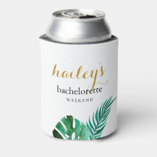 Modern Bachelorette Weekend Palm Leaves with Name  Can Cooler
