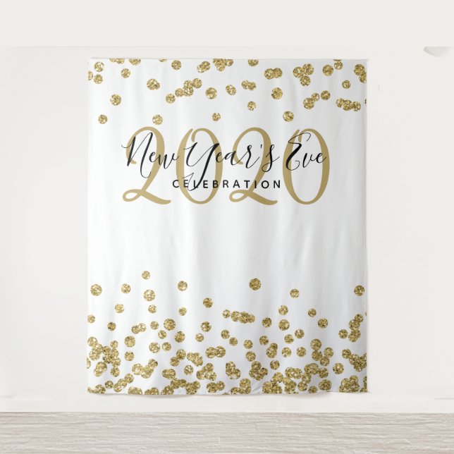 Modern Backdrop New Year's Eve Gold White Confetti Tapestry (Front)