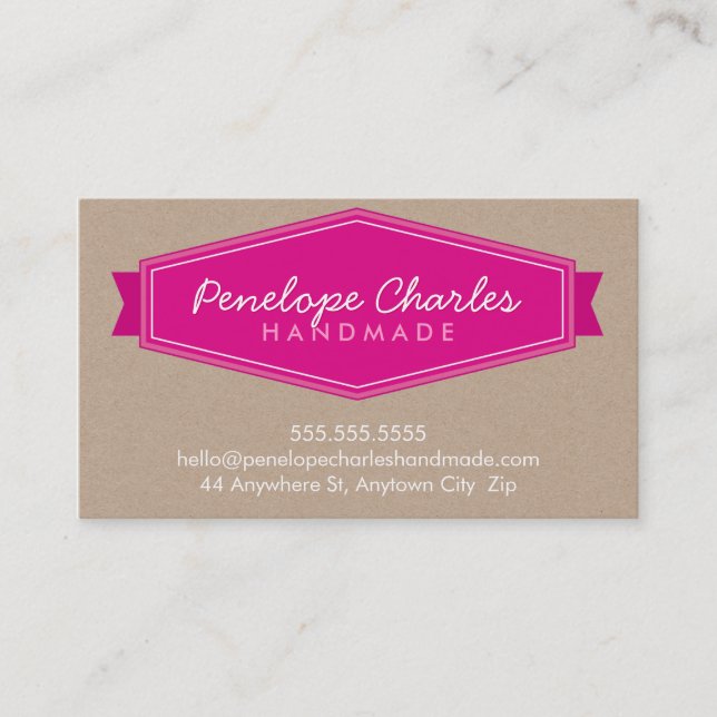 MODERN BADGE LOGO bright bold pink eco Kraft Business Card (Front)