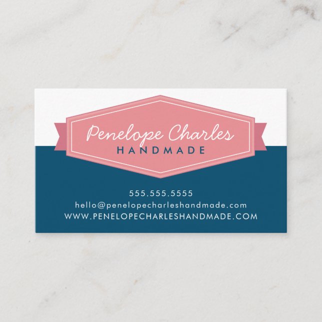 MODERN BADGE LOGO retro coral pink dark blue Business Card (Front)