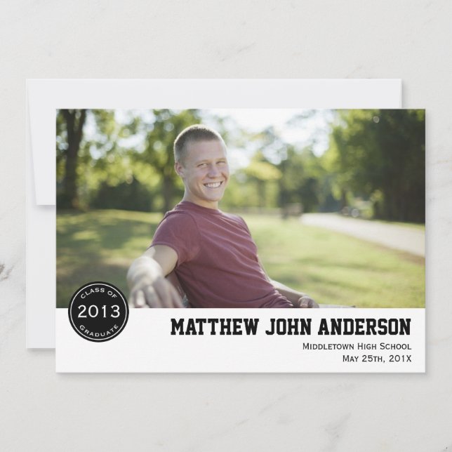 Modern Badge Photo Graduation Invitation - Black (Front)