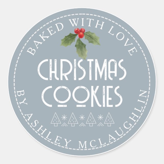 Modern Baked with Love Blue Grey Christmas Classic Round Sticker (Front)