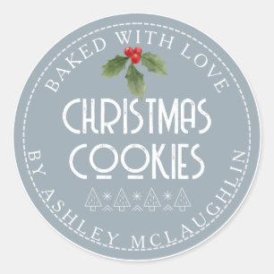 Modern Baked with Love Name Blue Christmas Classic Round Sticker