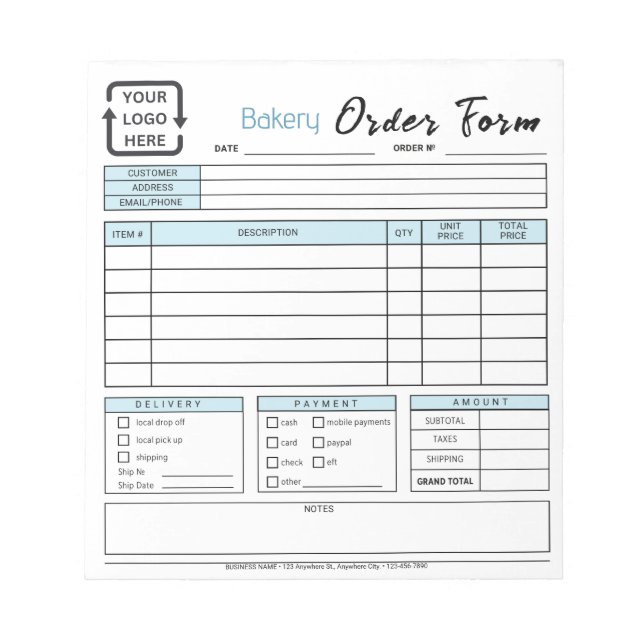 Modern Bakery Cafe Blue Order Form Notepad (Front)
