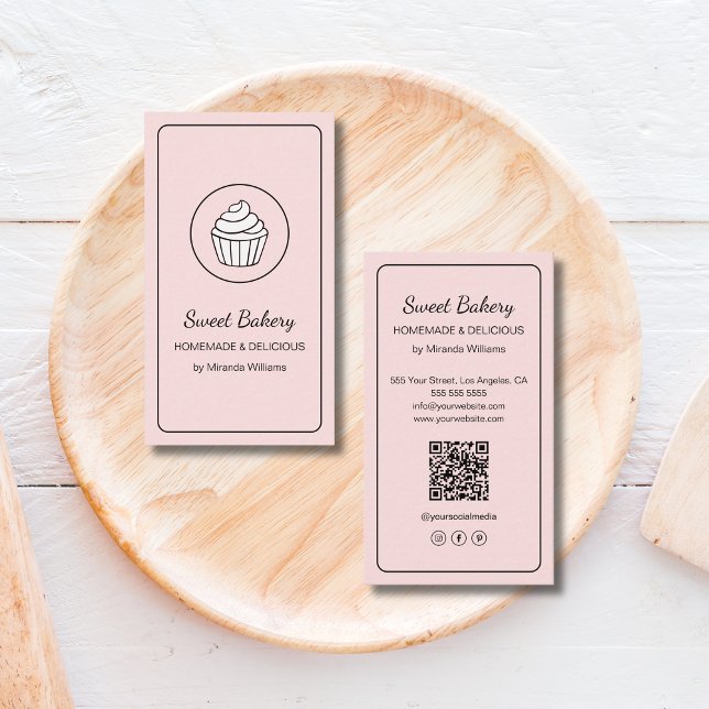 Modern Bakery Cupcake Logo QR Code Pink Business Card (Modern Bakery Cupcake Logo QR Code Pink Business Card)