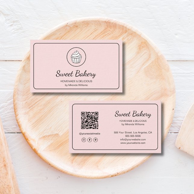 Modern Bakery Logo QR Code Pink Business Card (Modern Bakery Logo QR Code Pink Business Card)