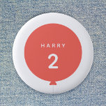 Modern Balloon | Coral Pink Birthday Party Age 2 Inch Round Button<br><div class="desc">Simple, stylish and fun birthday badge with your custom "<name>" and "<age>" text in modern typography in crisp white on a simple round balloon design in coral pink with a straight gray string in a minimalist Scandinavian 'Scandi' style. Add the name and age of a loved one for a truly...</div>