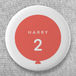 Modern Balloon | Coral Pink Birthday Party Age 2 Inch Round Button<br><div class="desc">Simple, stylish and fun birthday badge with your custom "<name>" and "<age>" text in modern typography in crisp white on a simple round balloon design in coral pink with a straight gray string in a minimalist Scandinavian 'Scandi' style. Add the name and age of a loved one for a truly...</div>