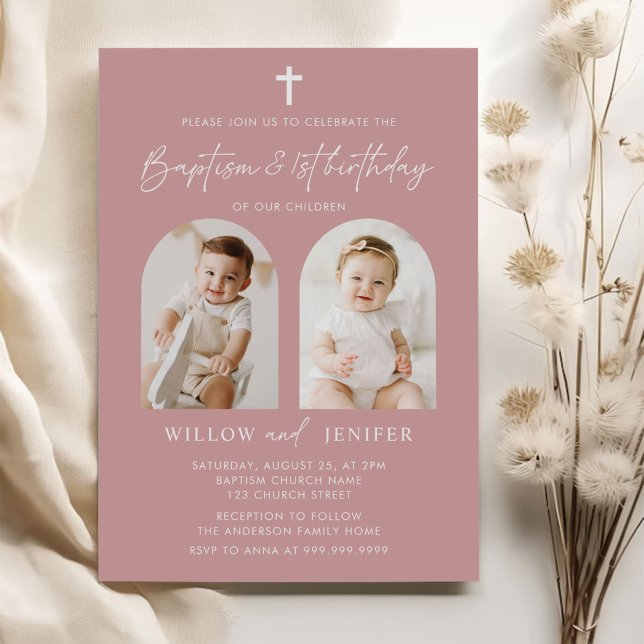 Modern Baptism & 1st Birthday Twins Boy and Girl  Invitation (Creator Uploaded)